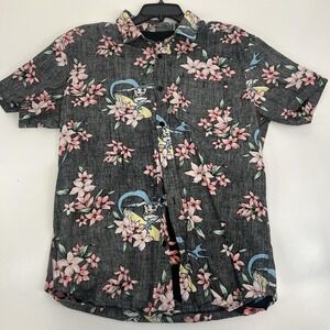 Batman Shirt Mens Large Gray Floral Hawaiian Reverse Print DC Comics Tropical
